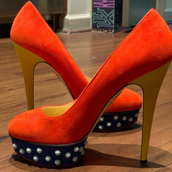 Charlotte Olympia Red Suede Studded Pumps - Picture 2 of 5